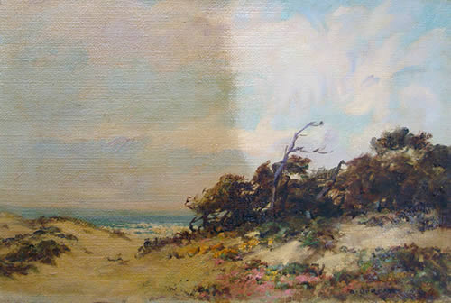 Albert DeRome oil painting  right side  after cleaning;
left side heavy dirt and nicotine now removed