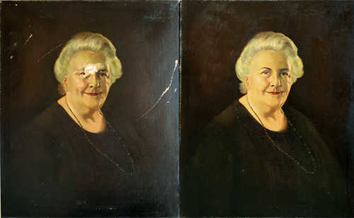 Hole punched thru face and deep scratches
before and after restoration