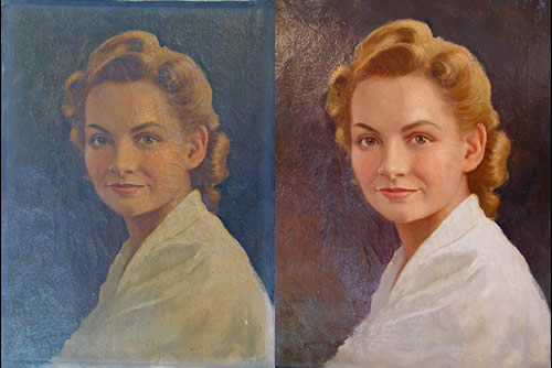 Image on left - dirty with heavy nicotine.
Image on right - cleaned and re-varnished. Artist's signature now visible.
